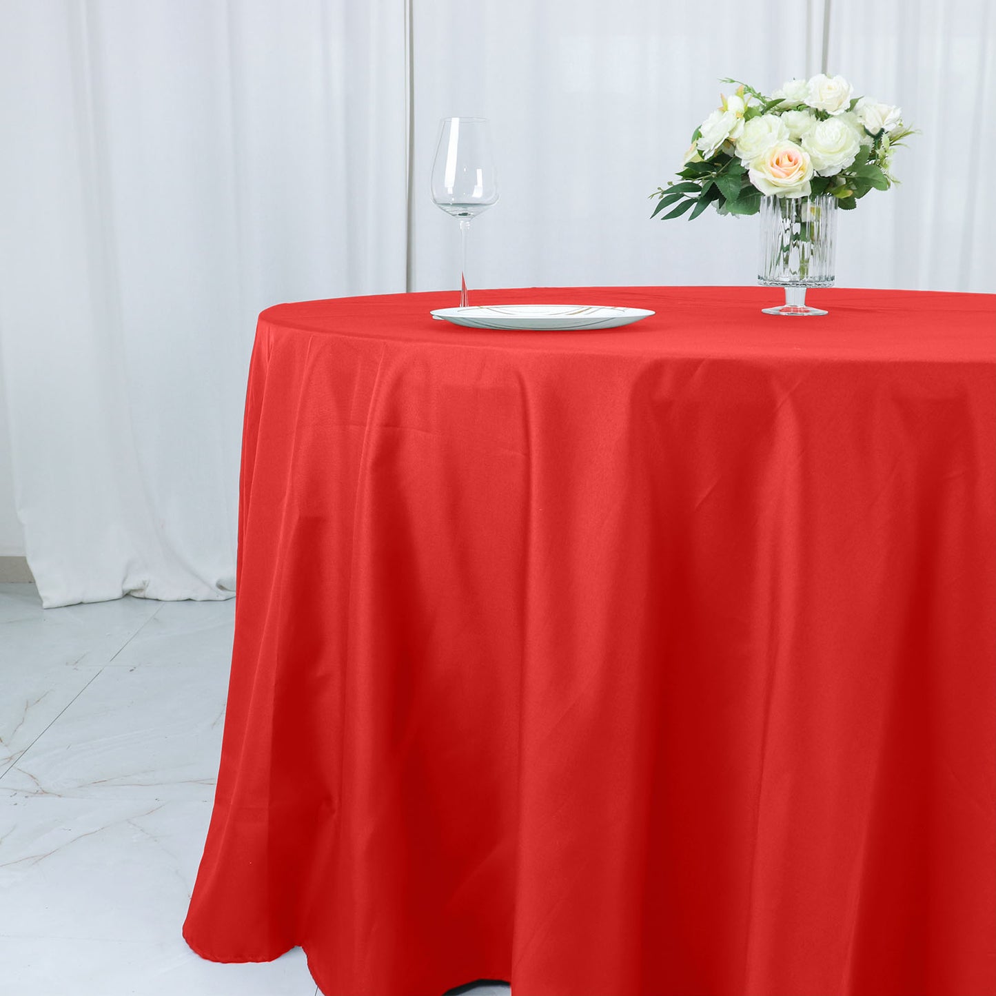 132" Red Cotton Blend Round Tablecloth Seamless for 6 Foot Table With Floor-Length Drop