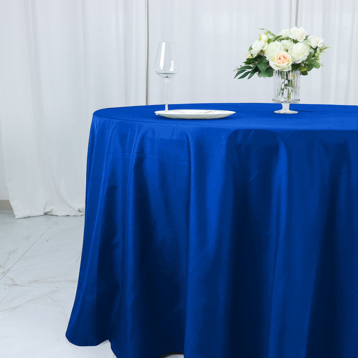 132" Royal Blue Cotton Blend Round Tablecloth Seamless for 6 Foot Table With Floor-Length Drop