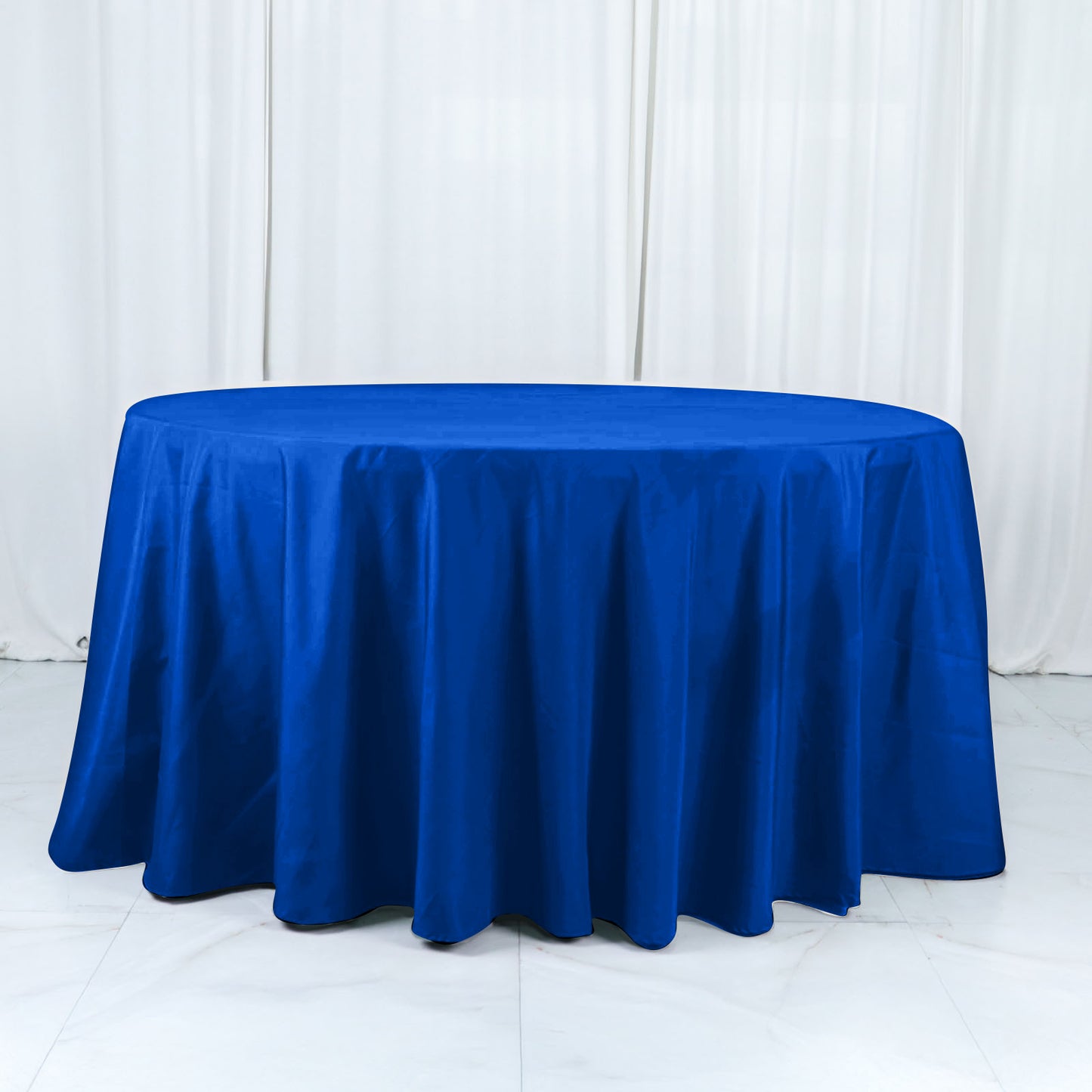 132" Royal Blue Cotton Blend Round Tablecloth Seamless for 6 Foot Table With Floor-Length Drop