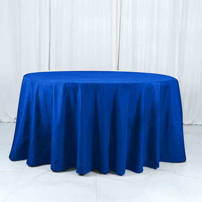 132" Royal Blue Cotton Blend Round Tablecloth Seamless for 6 Foot Table With Floor-Length Drop