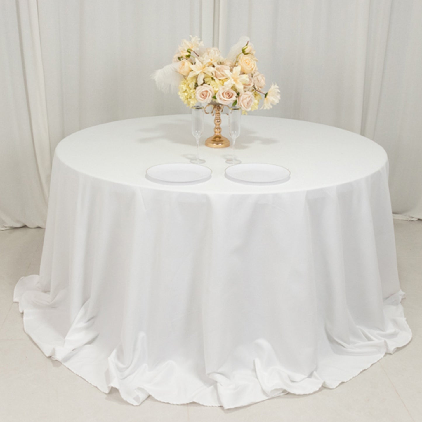 132" White Cotton Blend Round Tablecloth Seamless for 6 Foot Table With Floor-Length Drop