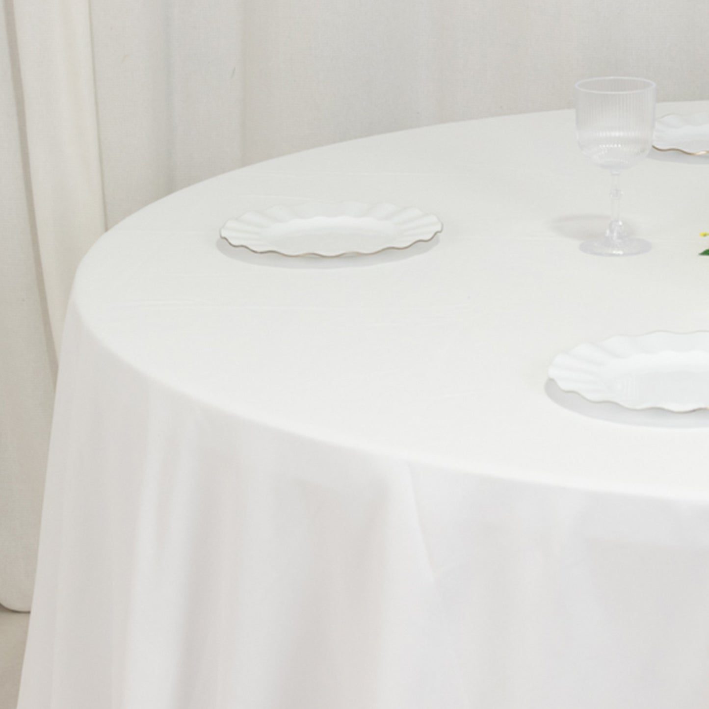 132" White Cotton Blend Round Tablecloth Seamless for 6 Foot Table With Floor-Length Drop
