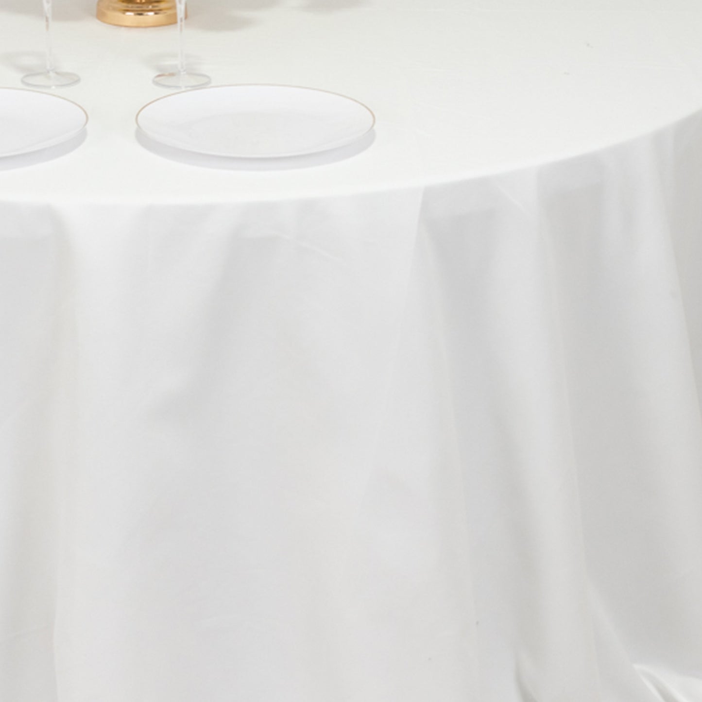 132" White Cotton Blend Round Tablecloth Seamless for 6 Foot Table With Floor-Length Drop