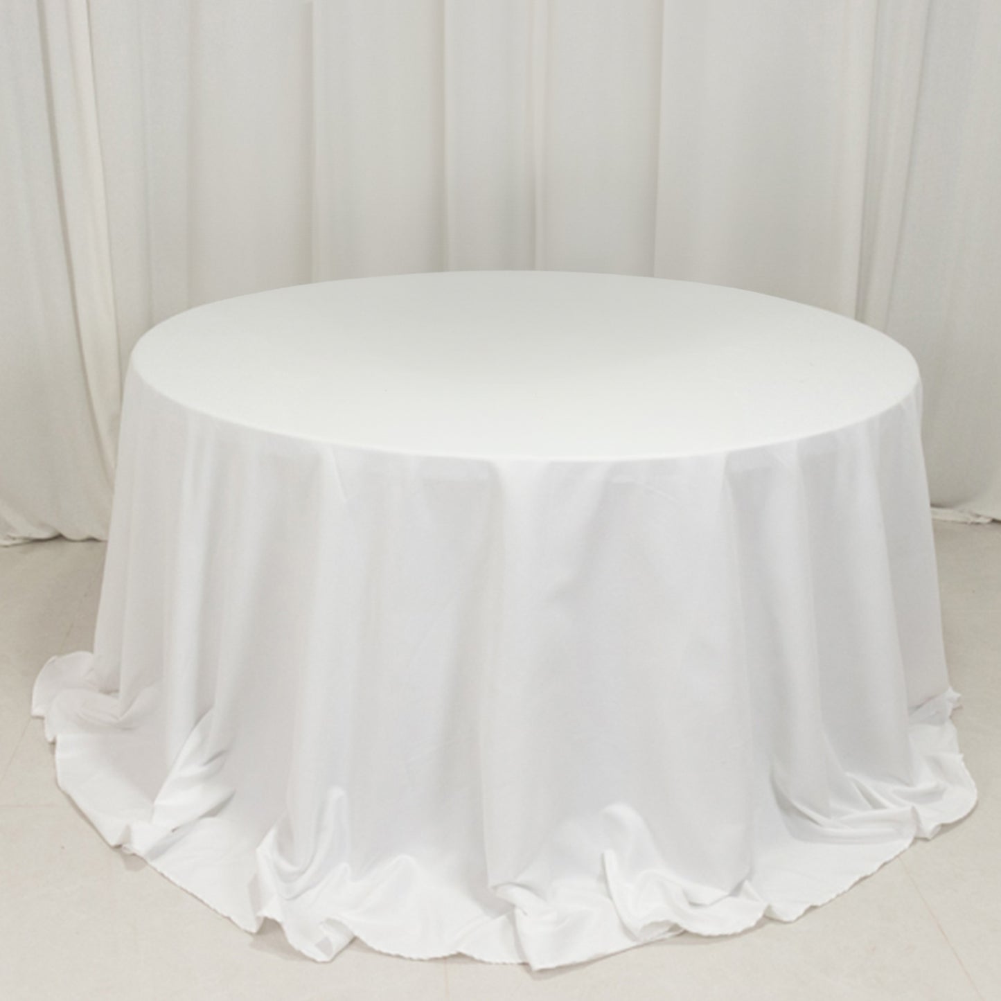 132" White Cotton Blend Round Tablecloth Seamless for 6 Foot Table With Floor-Length Drop
