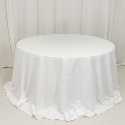 132" White Cotton Blend Round Tablecloth Seamless for 6 Foot Table With Floor-Length Drop
