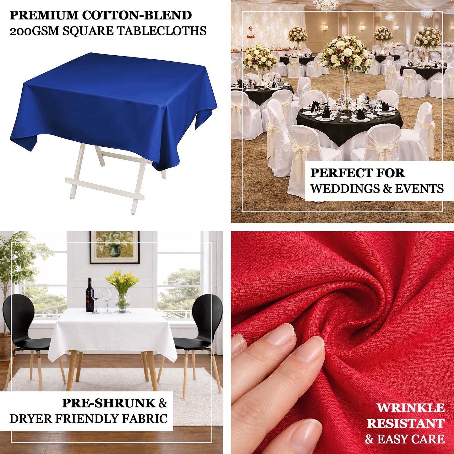 Red cotton blend square tablecloth, 54"x54", wrinkle resistant and easy care.