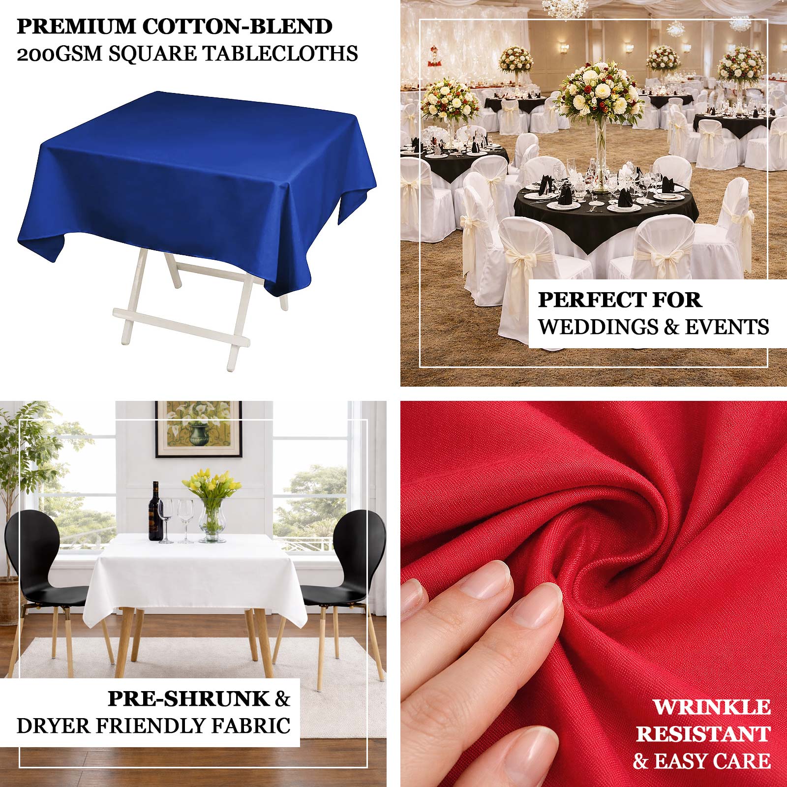 Red cotton blend square tablecloth, 54"x54", wrinkle resistant and easy care.