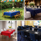 White cotton blend rectangular tablecloth on various tables in different settings.