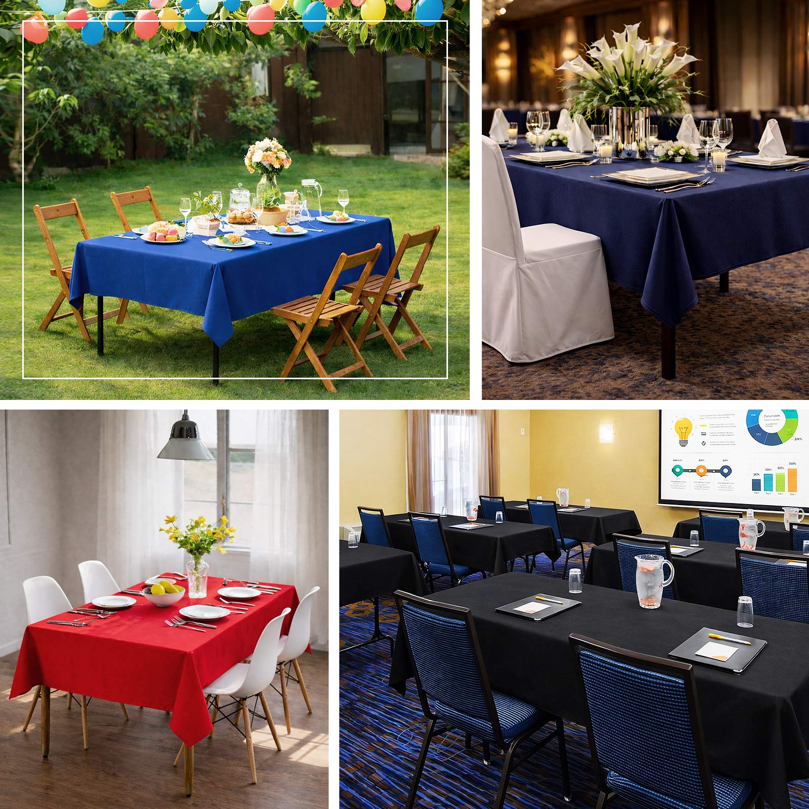 White cotton blend rectangular tablecloth on various tables in different settings.