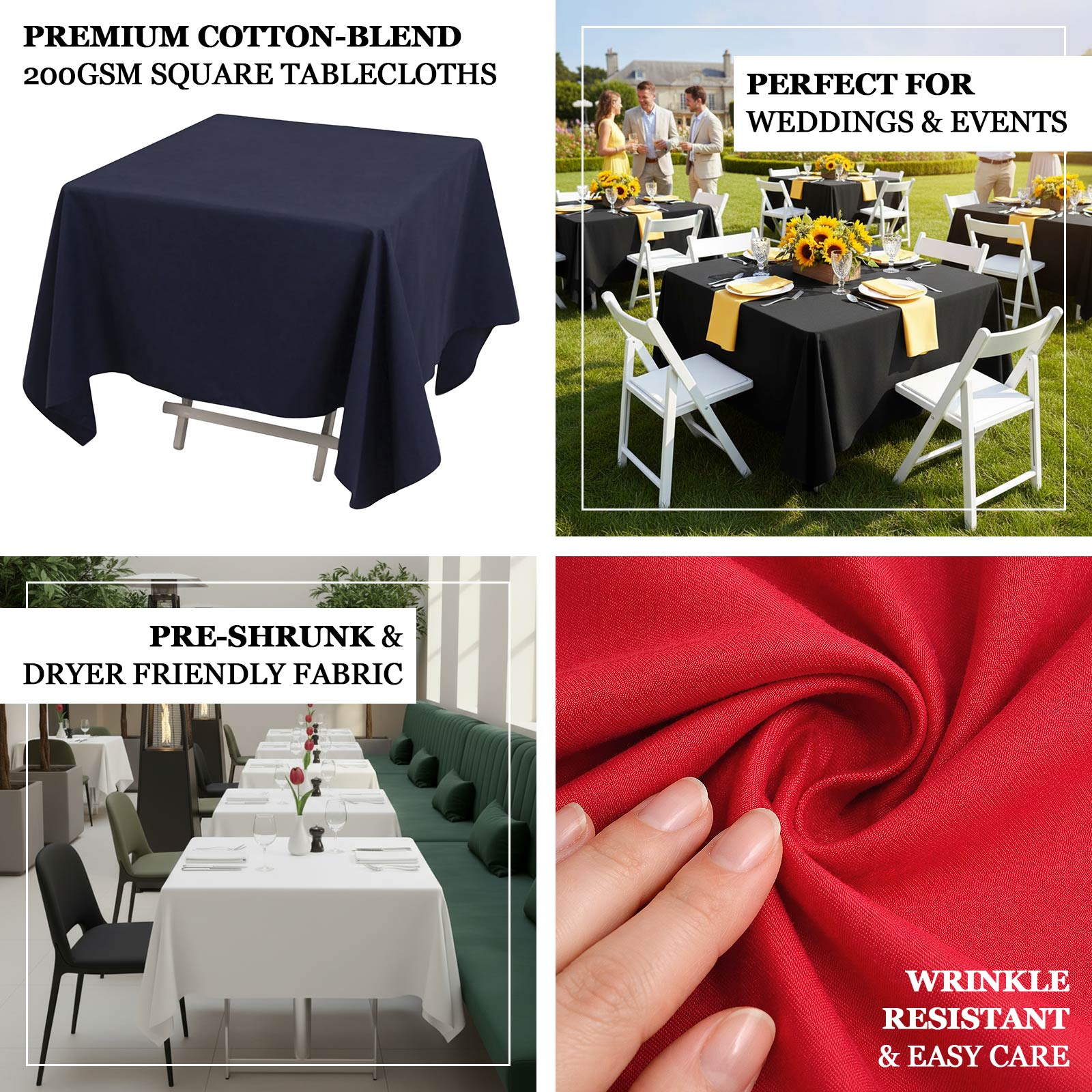 Black cotton blend square tablecloth, perfect for weddings and events.