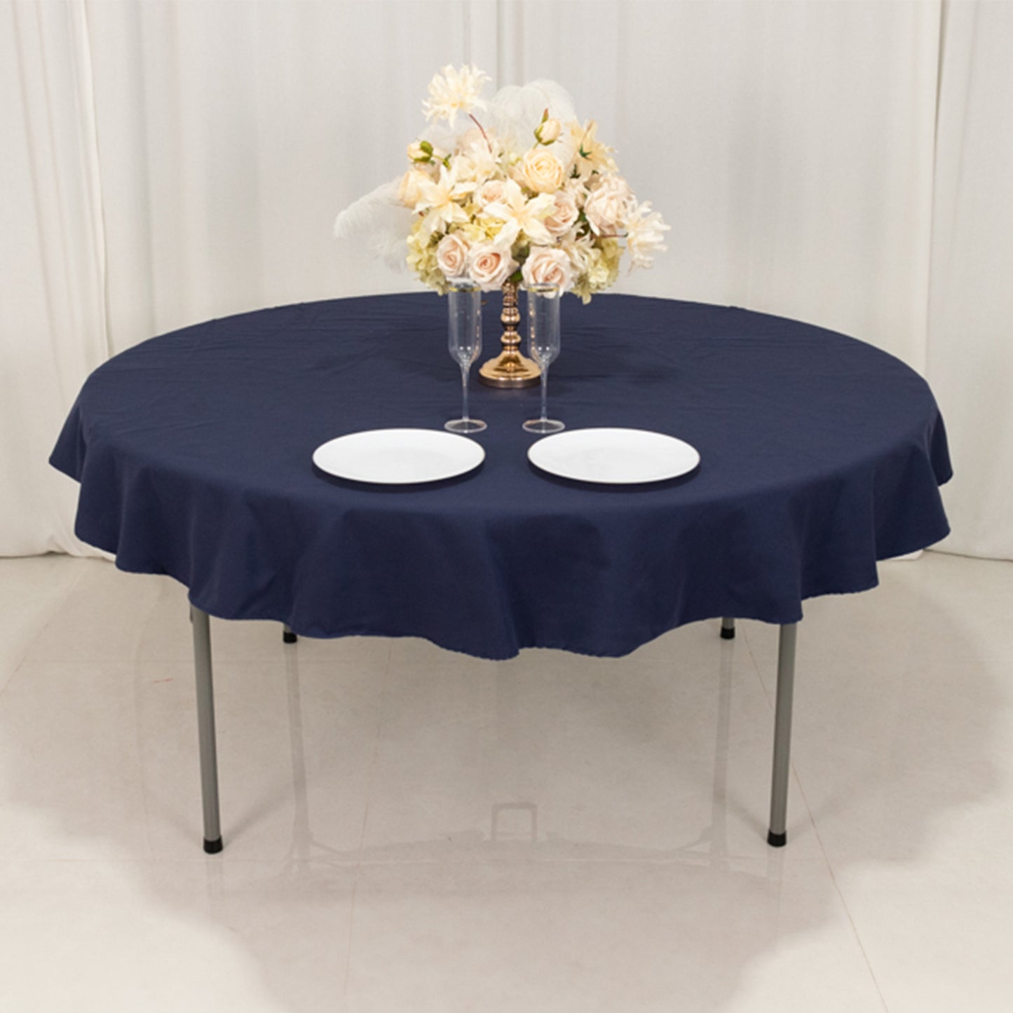 Navy Blue Cotton Blend Round Tablecloth - 70"