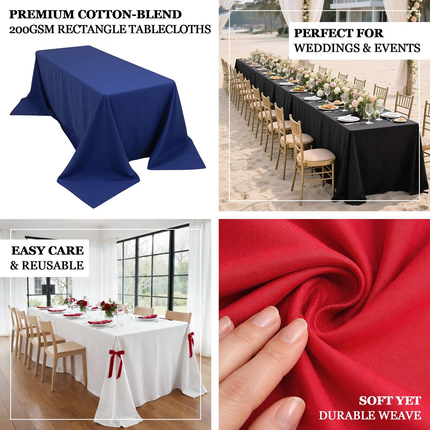 Black cotton blend rectangular tablecloth for 6-foot table with floor-length drop.