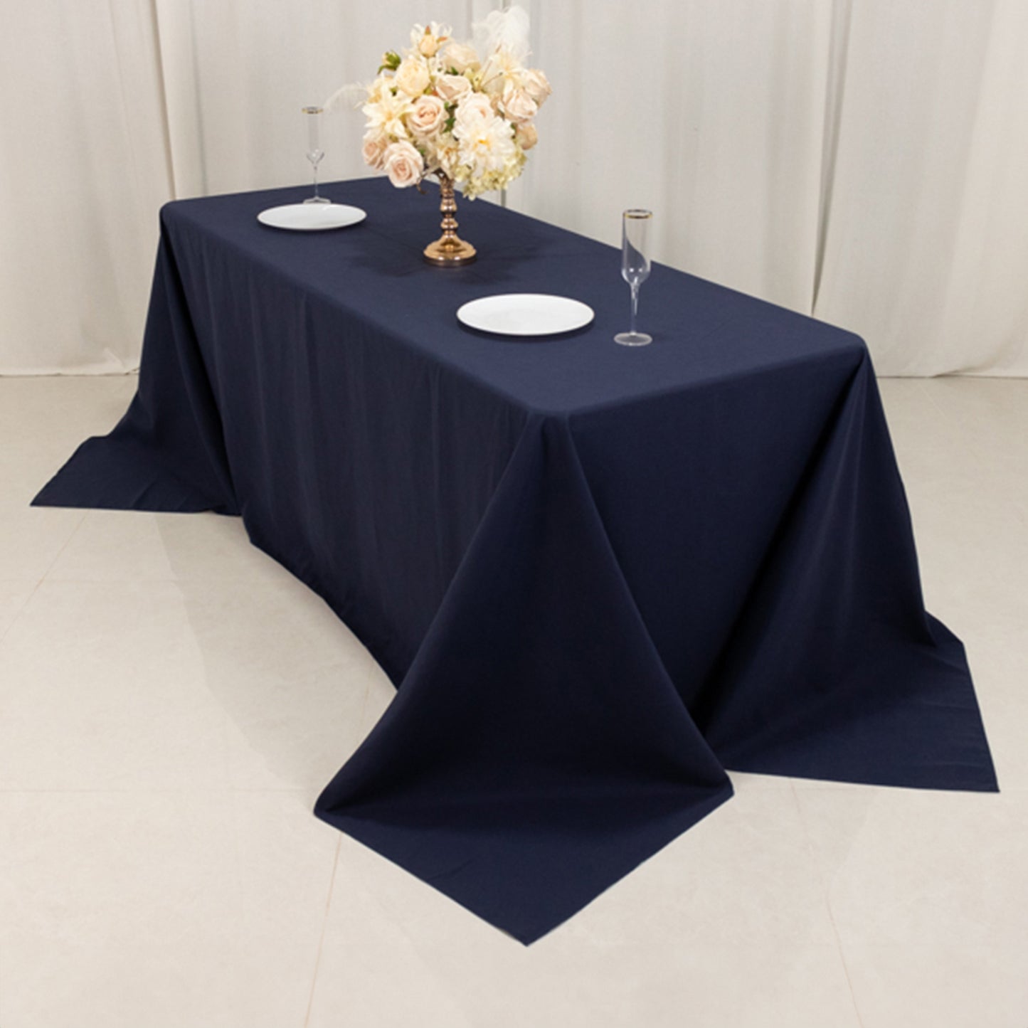 Navy Blue Cotton Blend Rectangular Tablecloth Seamless 90"x132" for 6 Foot Table With Floor-Length Drop