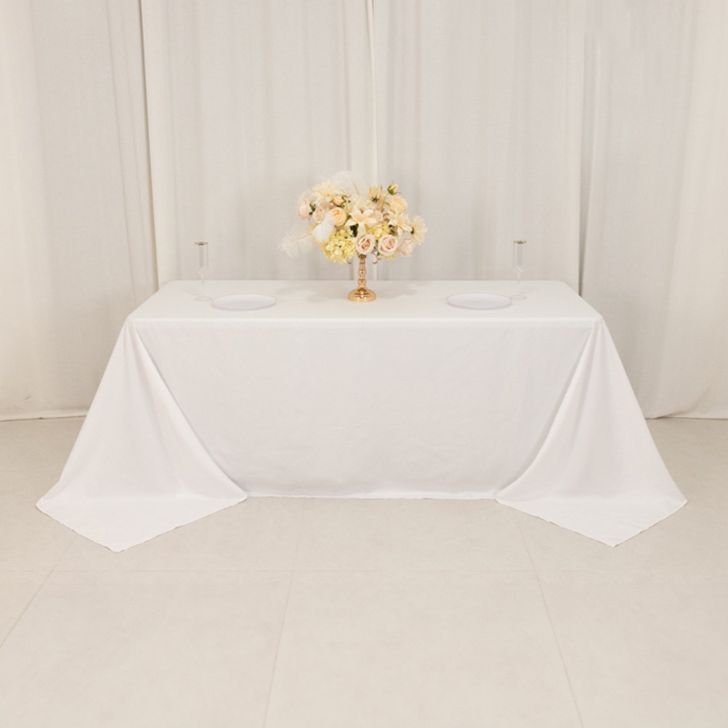 White Cotton Blend Rectangular Tablecloth Seamless 90"x132" for 6 Foot Table With Floor-Length Drop