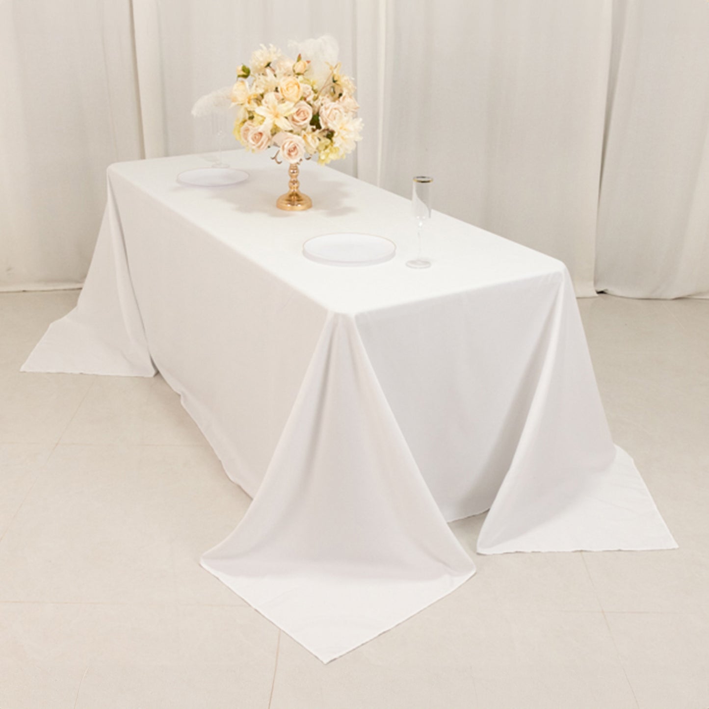 White Cotton Blend Rectangular Tablecloth Seamless 90"x132" for 6 Foot Table With Floor-Length Drop