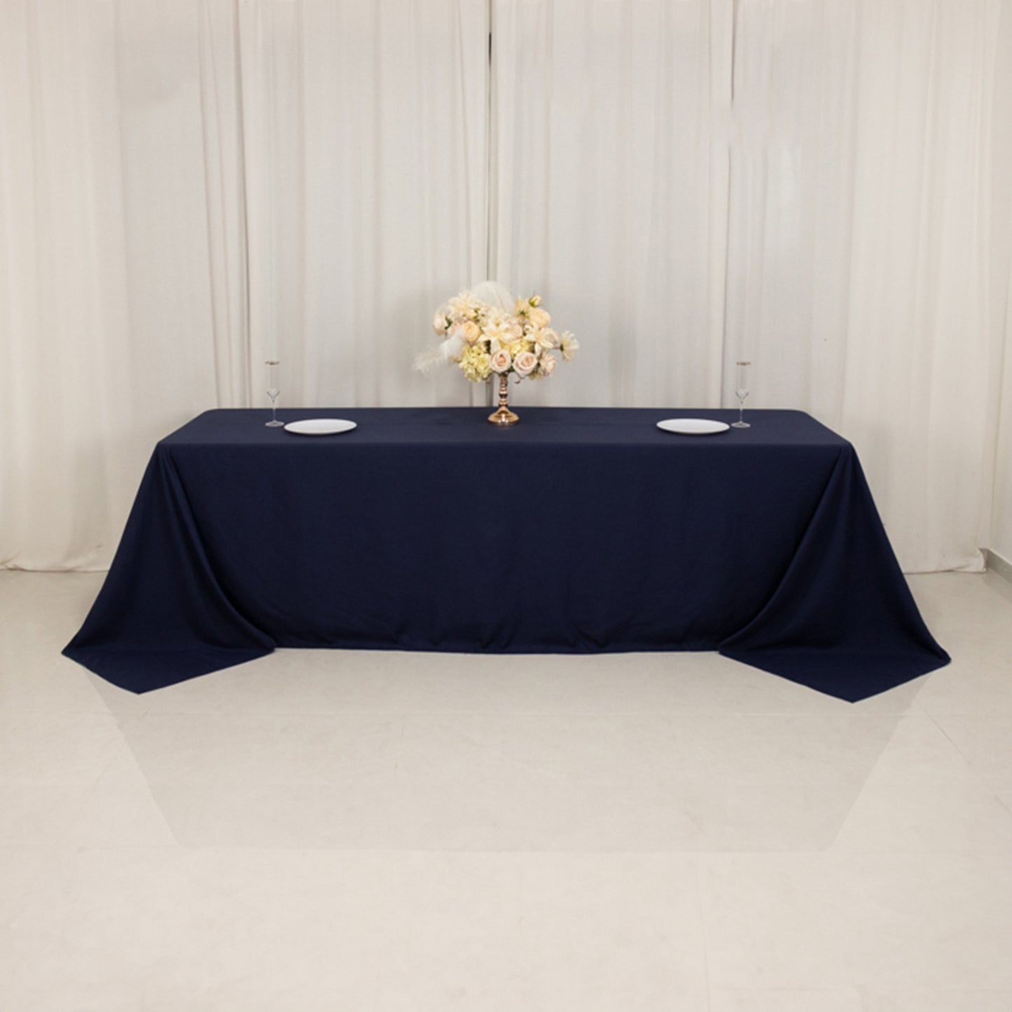 Navy Blue Cotton Blend Rectangular Tablecloth Seamless 90"x156" for 8 Foot Table With Floor-Length Drop