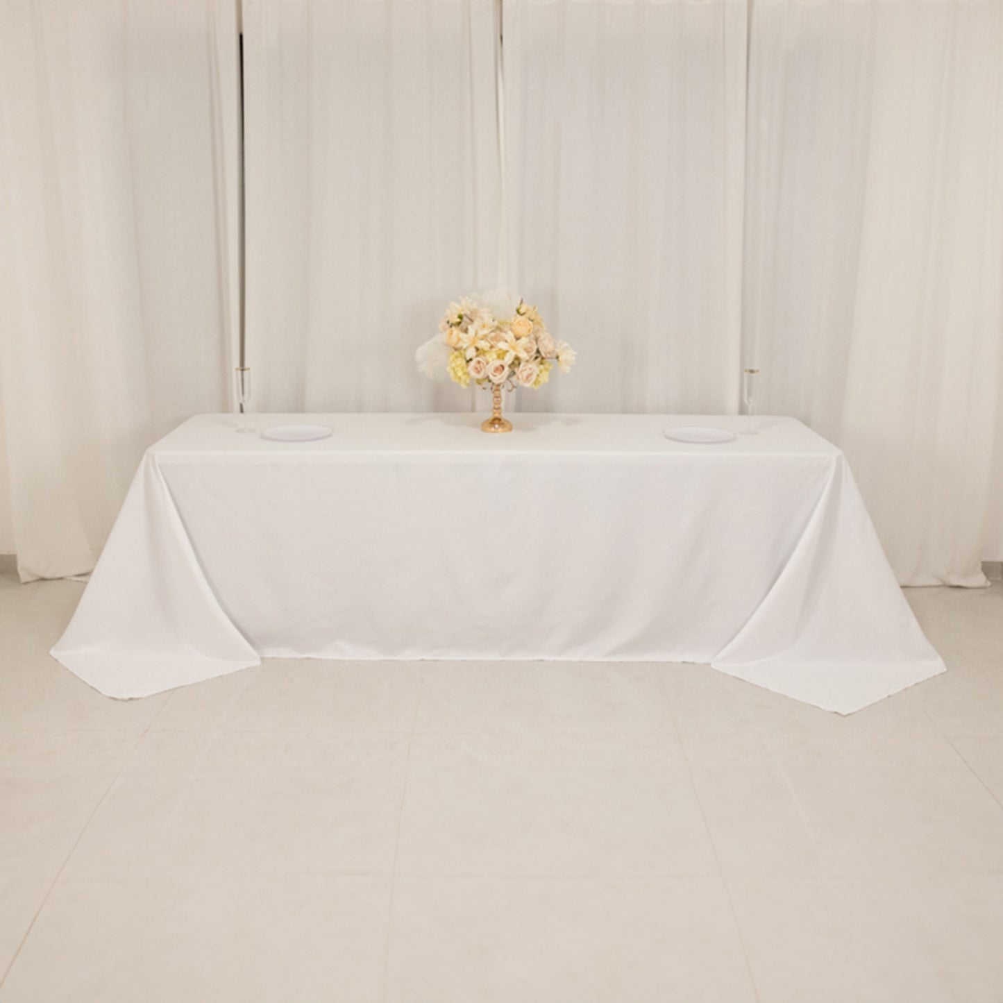 White Cotton Blend Rectangular Tablecloth Seamless 90"x156" for 8 Foot Table With Floor-Length Drop