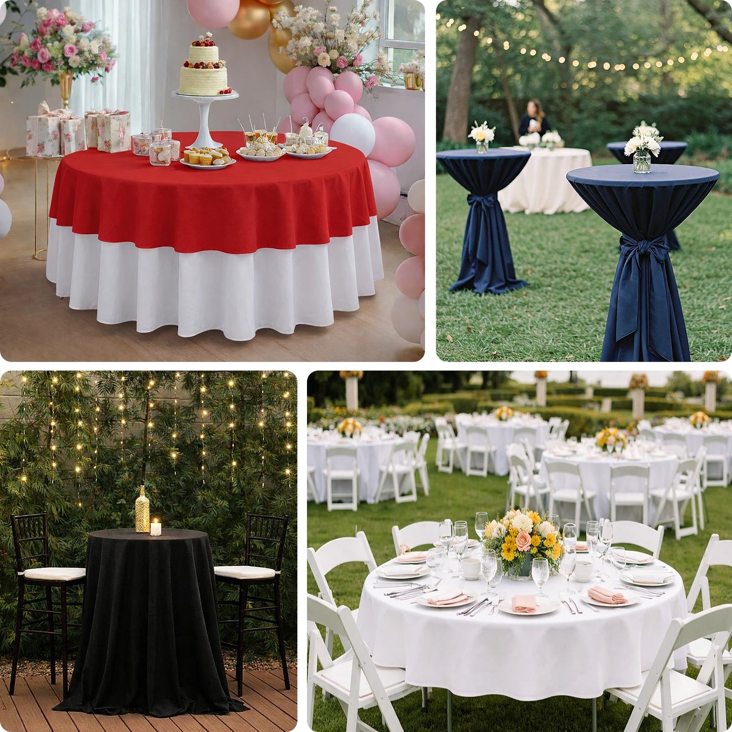 Black round tablecloth on a table set for an outdoor event.