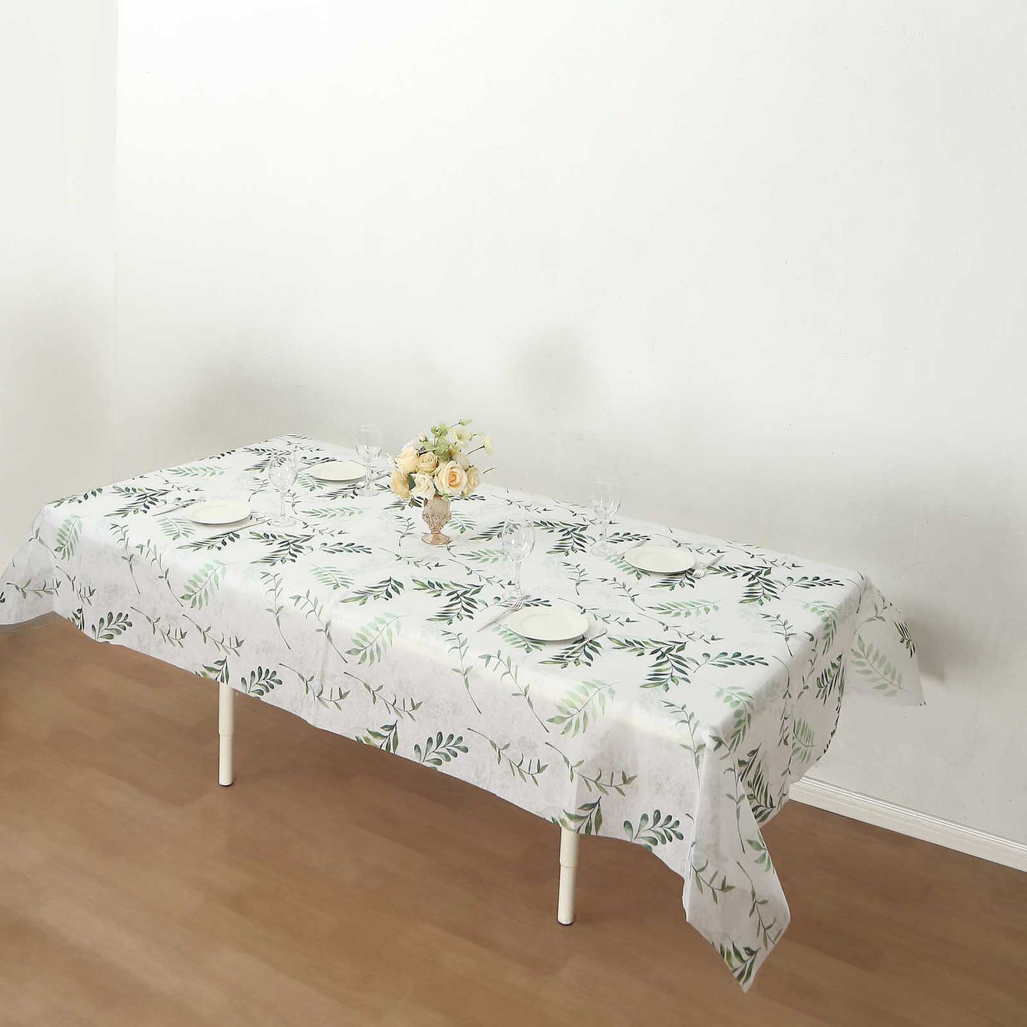 60"x102" White Green Non-Woven Rectangular Table Cover With Olive Leaves Print, Spring Summer Dining Tablecloth