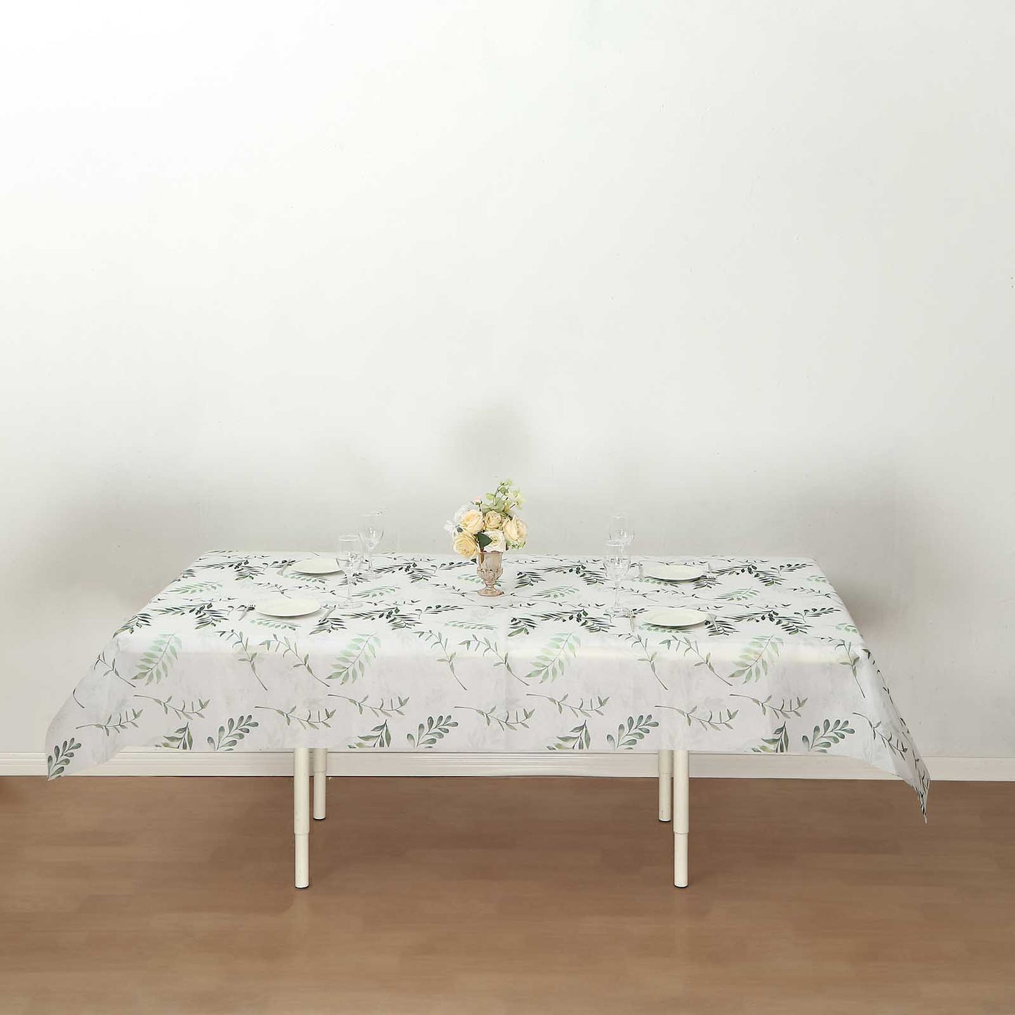 60"x102" White Green Non-Woven Rectangular Table Cover With Olive Leaves Print, Spring Summer Dining Tablecloth