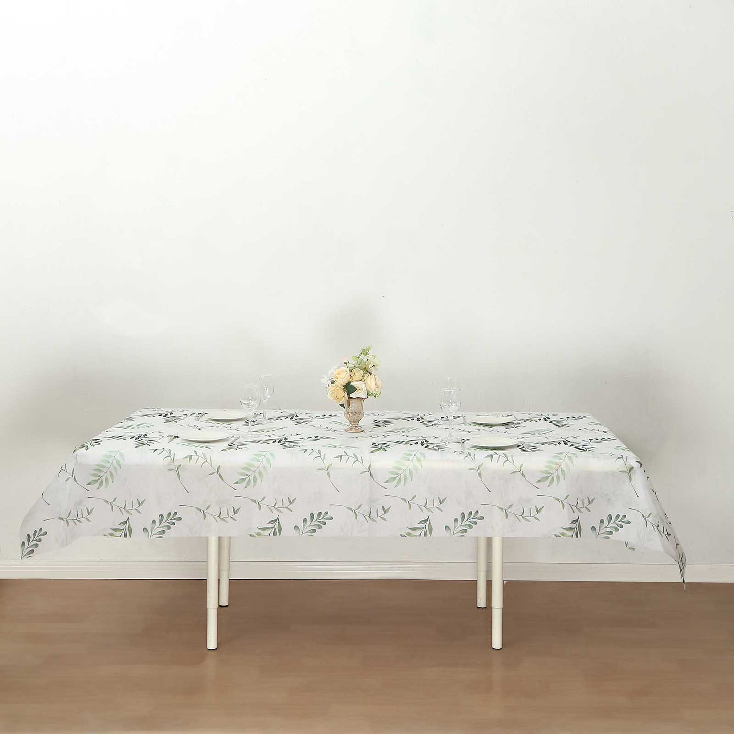 60"x102" White Green Non-Woven Rectangular Table Cover With Olive Leaves Print, Spring Summer Dining Tablecloth