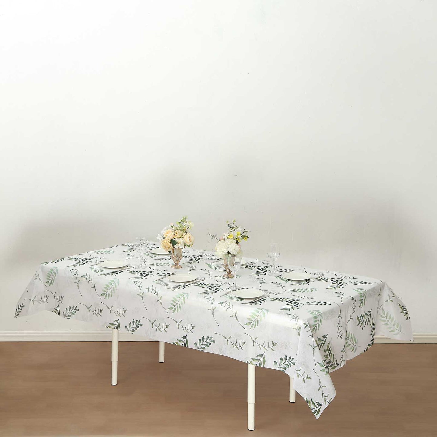 60"x102" White Green Non-Woven Rectangular Table Cover With Olive Leaves Print, Spring Summer Dining Tablecloth