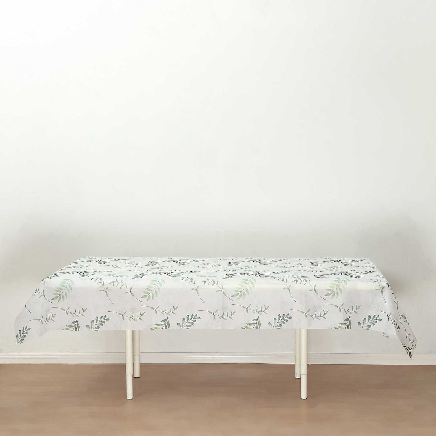 60"x102" White Green Non-Woven Rectangular Table Cover With Olive Leaves Print, Spring Summer Dining Tablecloth