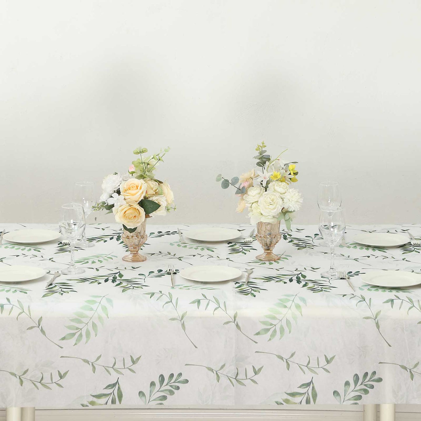 60"x102" White Green Non-Woven Rectangular Table Cover With Olive Leaves Print, Spring Summer Dining Tablecloth