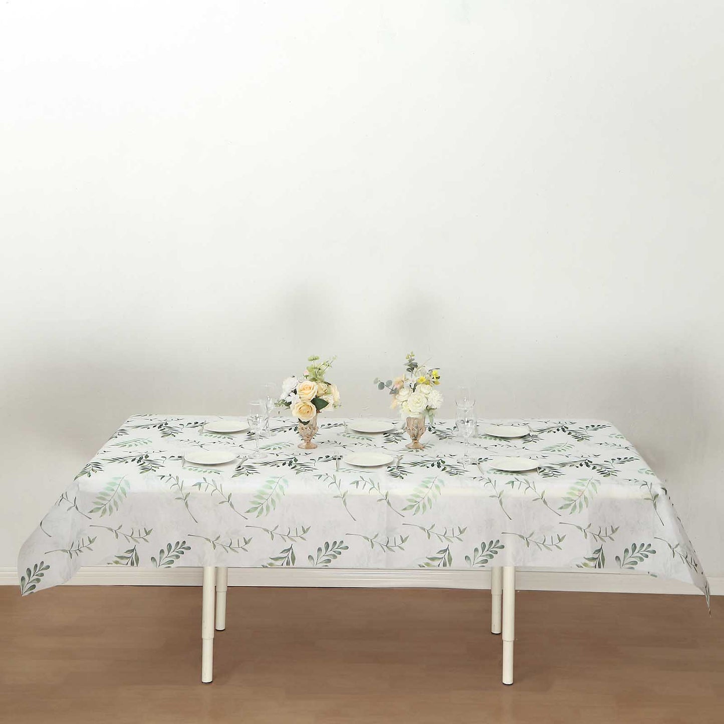 60"x102" White Green Non-Woven Rectangular Table Cover With Olive Leaves Print, Spring Summer Dining Tablecloth