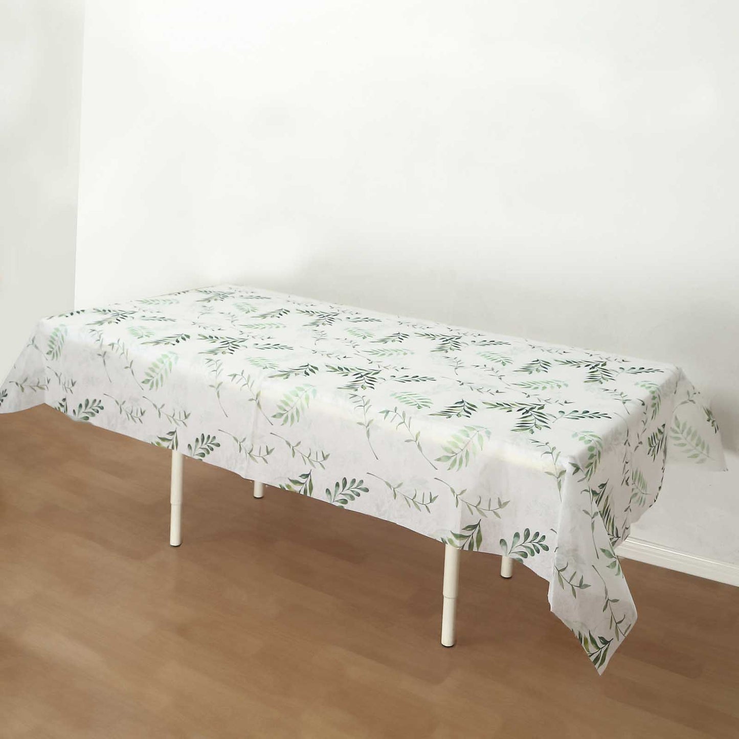 60"x102" White Green Non-Woven Rectangular Table Cover With Olive Leaves Print, Spring Summer Dining Tablecloth