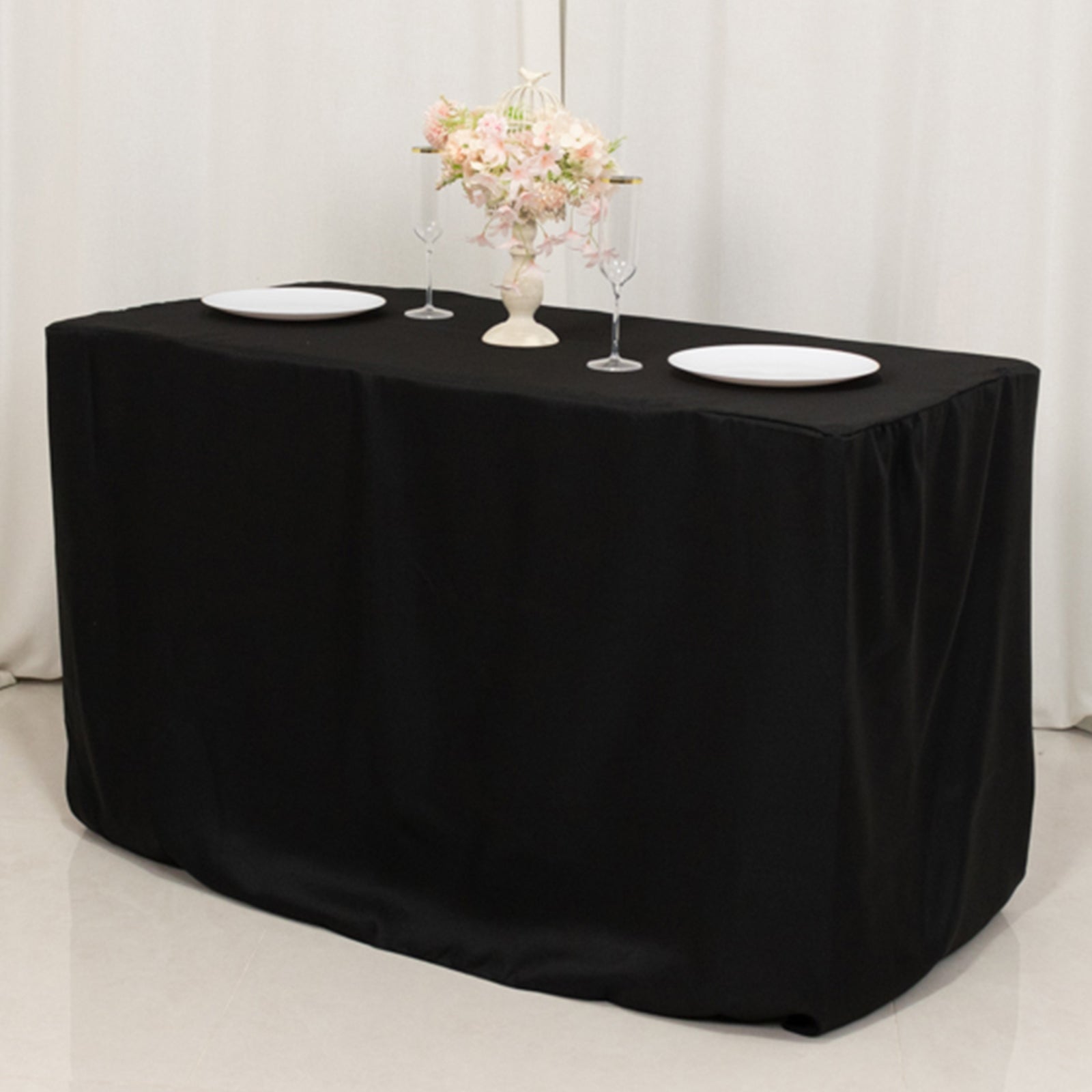 4ft black fitted polyester tablecloth for 48"x24"x30" tables.