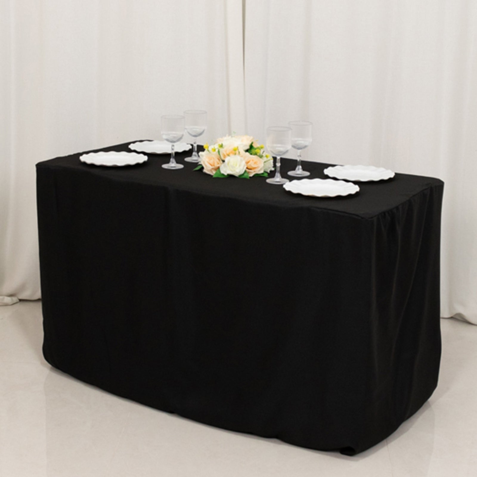 4ft black fitted polyester tablecloth for 48"x24"x30" tables.