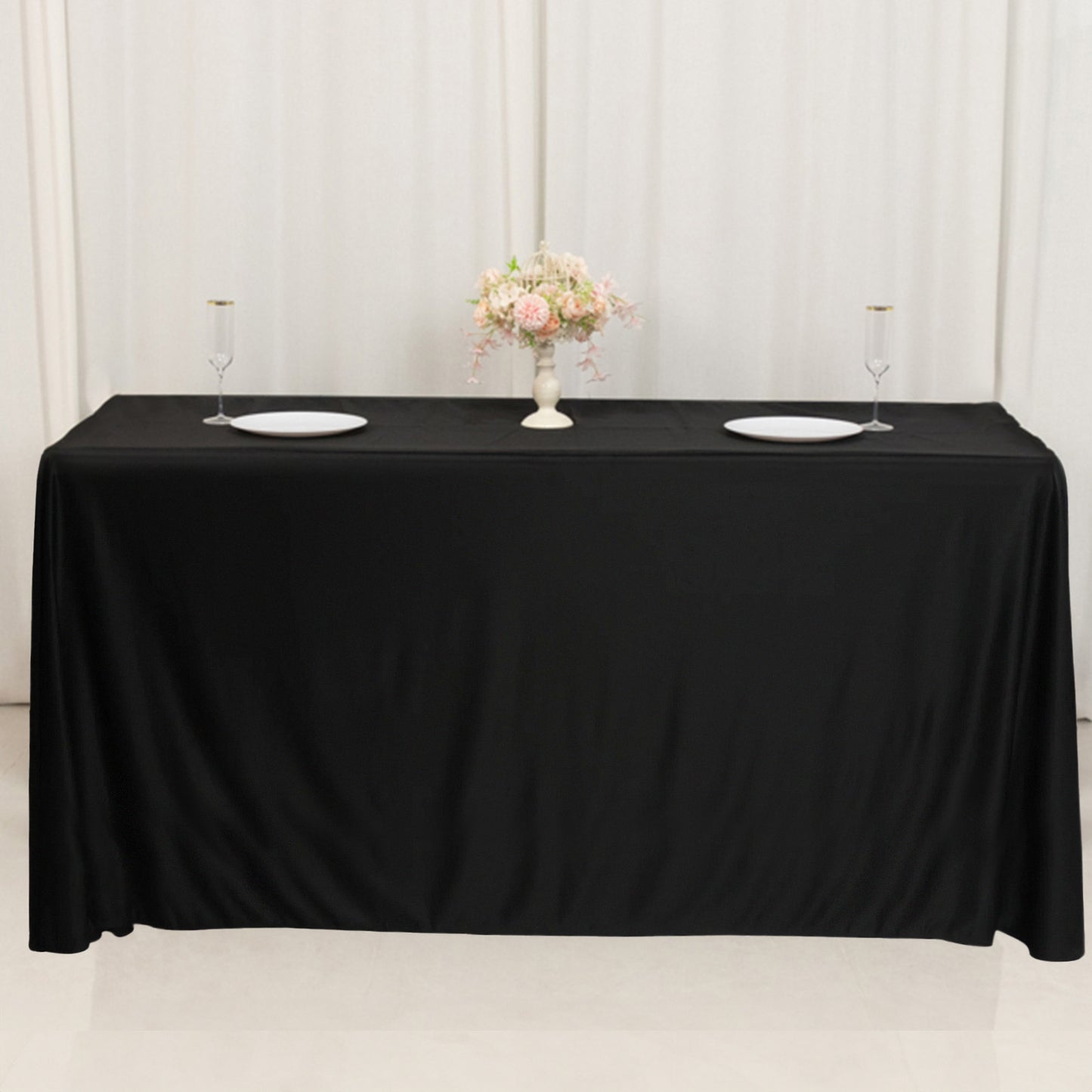 6ft black fitted polyester tablecloth for 72"x24"x42" tables.