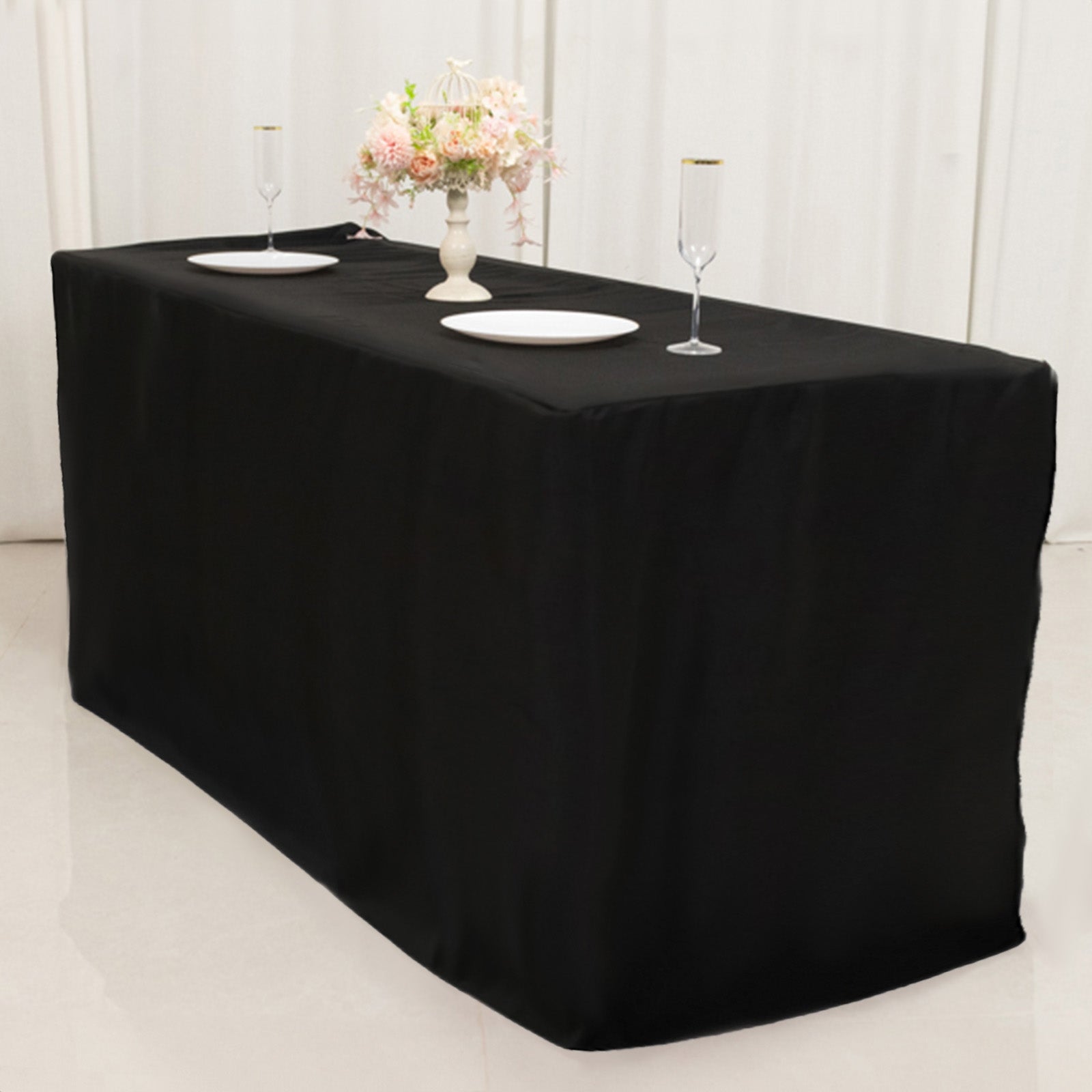 Black fitted polyester tablecloth for 72"x24"x42" tables.