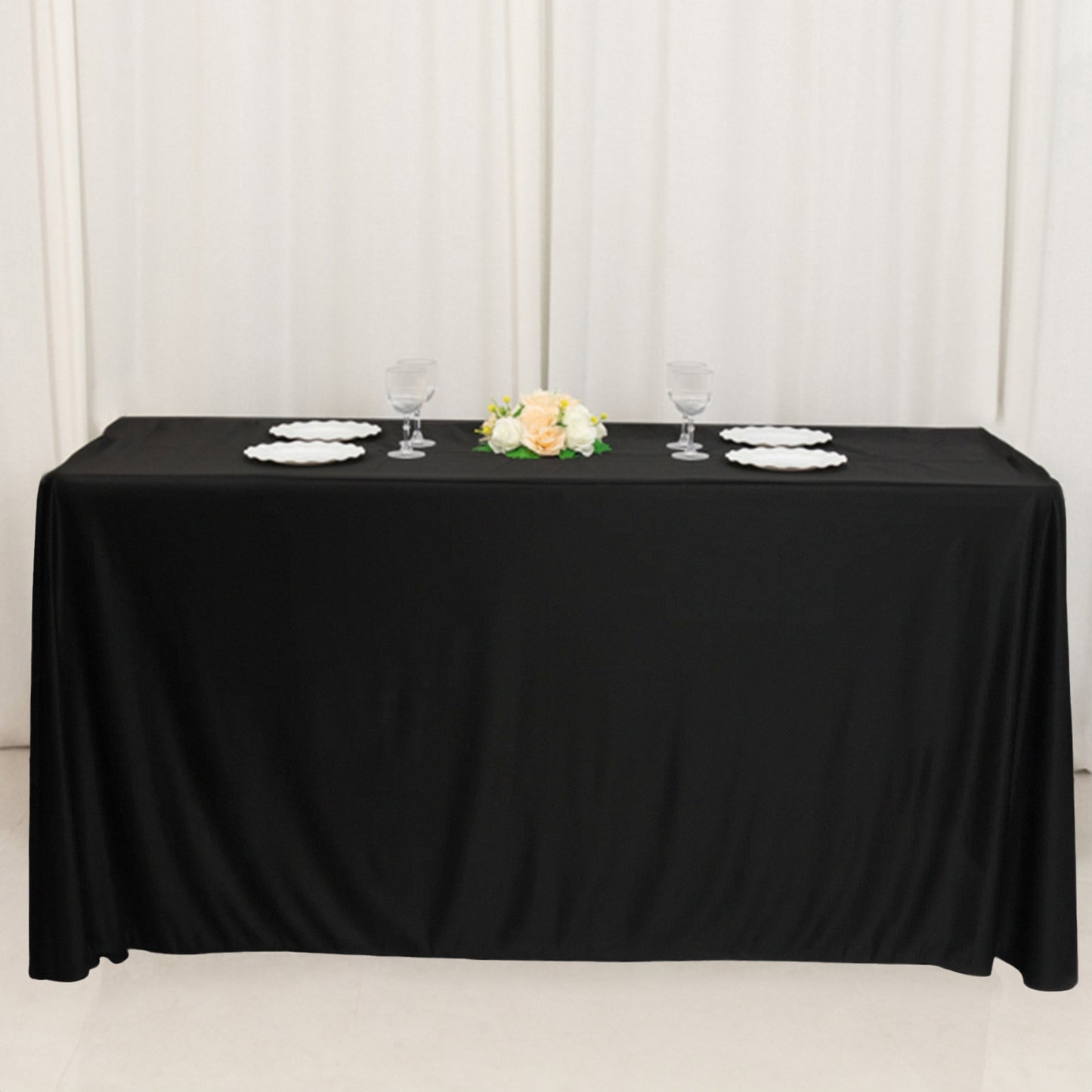 6ft black fitted polyester tablecloth for 72"x24"x42" tables.