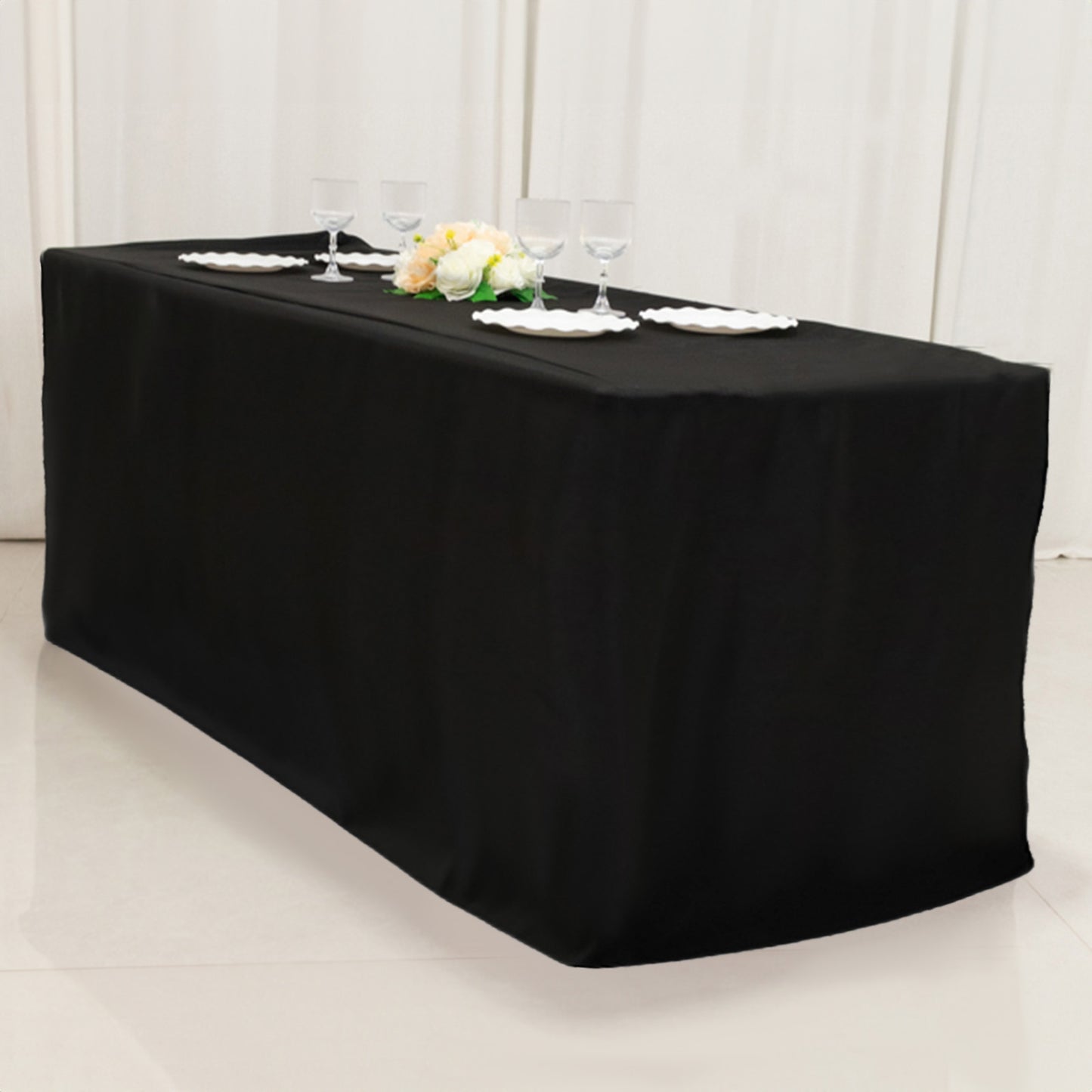 6ft black fitted polyester tablecloth for 72"x24"x42" tables.