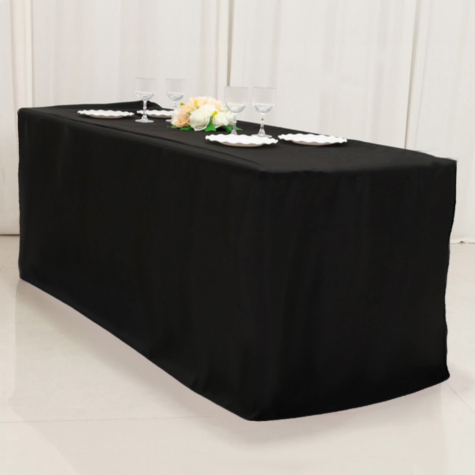 6ft black fitted polyester tablecloth for 72"x24"x42" tables.