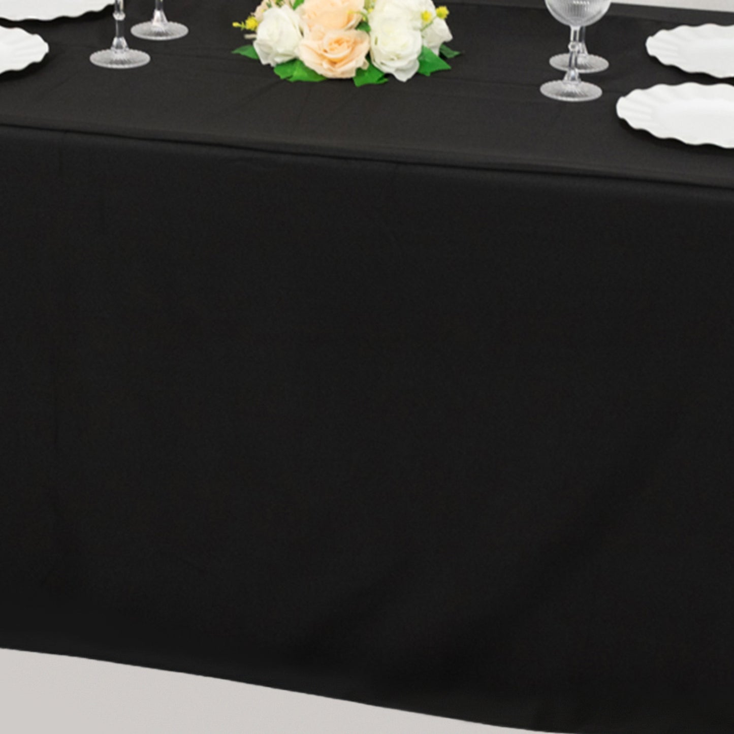 Black fitted polyester tablecloth for 72"x24"x42" tables.