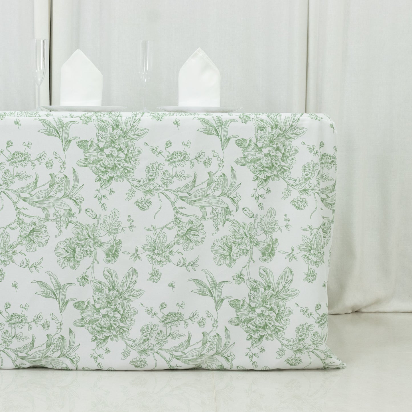French Toile Fitted Tablecloth 6ft – Dusty Sage Green & White Rectangular Polyester Wrinkle-Resistant Table Cover