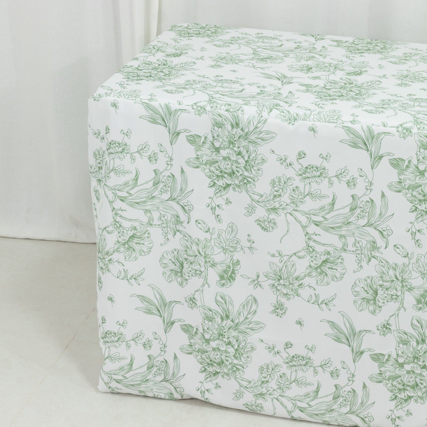French Toile Fitted Tablecloth 6ft – Dusty Sage Green & White Rectangular Polyester Wrinkle-Resistant Table Cover