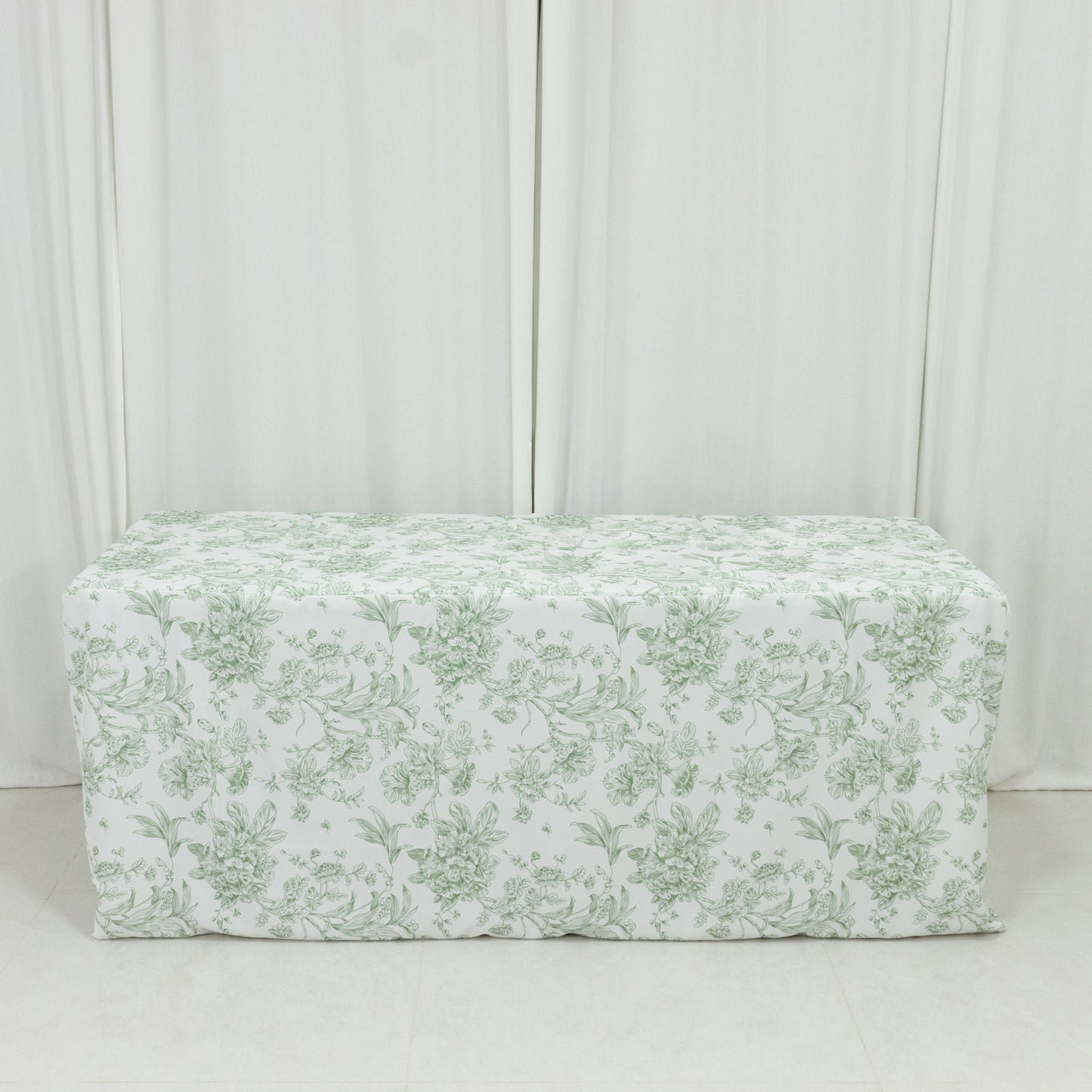 French Toile Fitted Tablecloth 6ft – Dusty Sage Green & White Rectangular Polyester Wrinkle-Resistant Table Cover