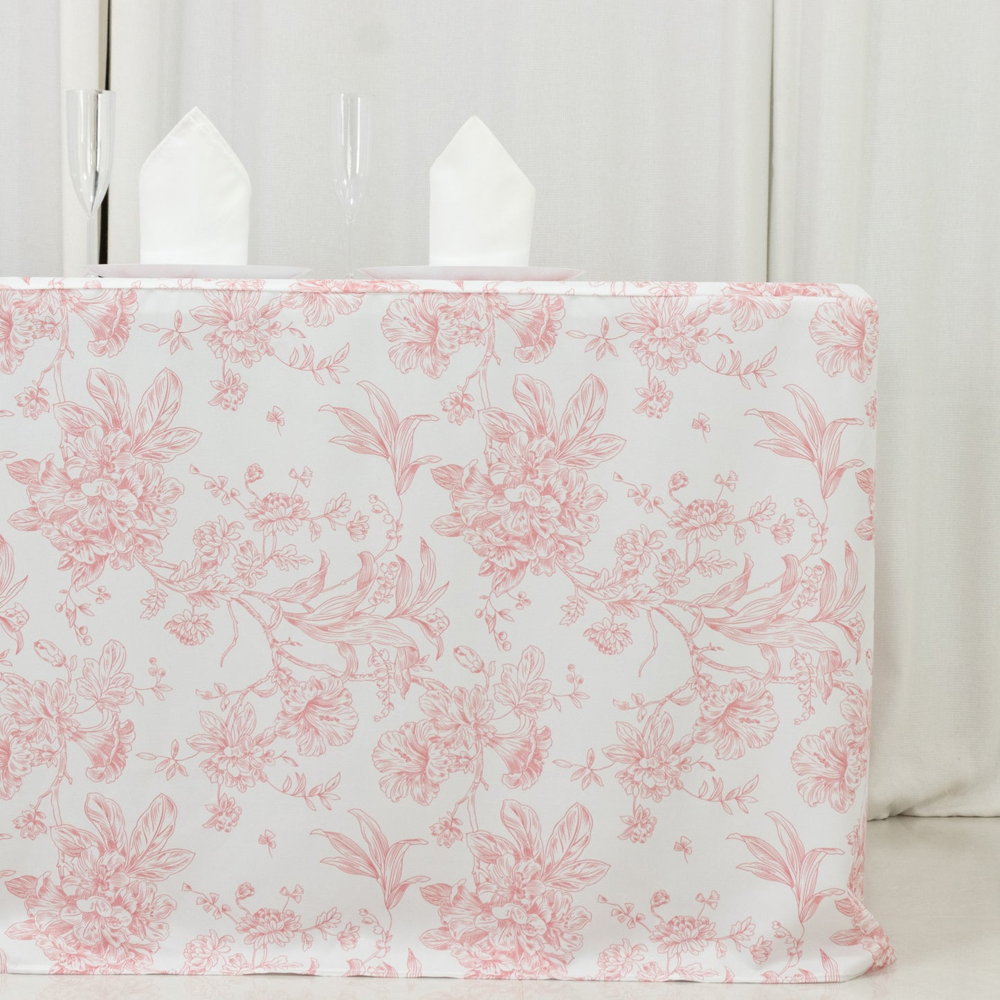French Toile Fitted Tablecloth 6ft – Pink & White Rectangular Polyester Wrinkle-Resistant Table Cover