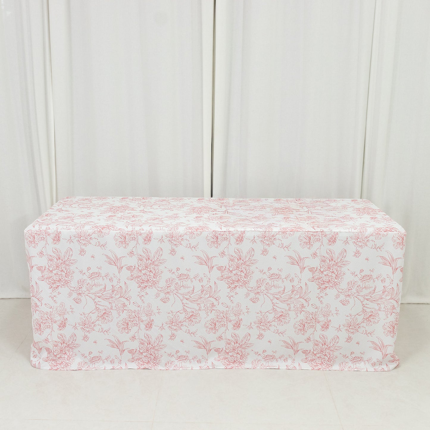 French Toile Fitted Tablecloth 6ft – Pink & White Rectangular Polyester Wrinkle-Resistant Table Cover
