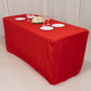 Red fitted polyester tablecloth for 72"x30" tables, ideal for trade shows.