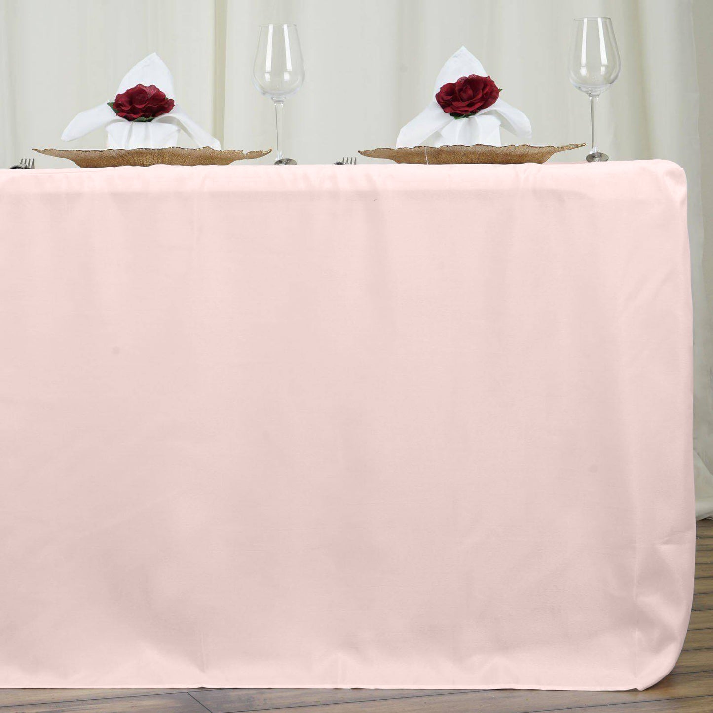 Blush fitted rectangle tablecloth for 8ft tables, elegant and soft in color.