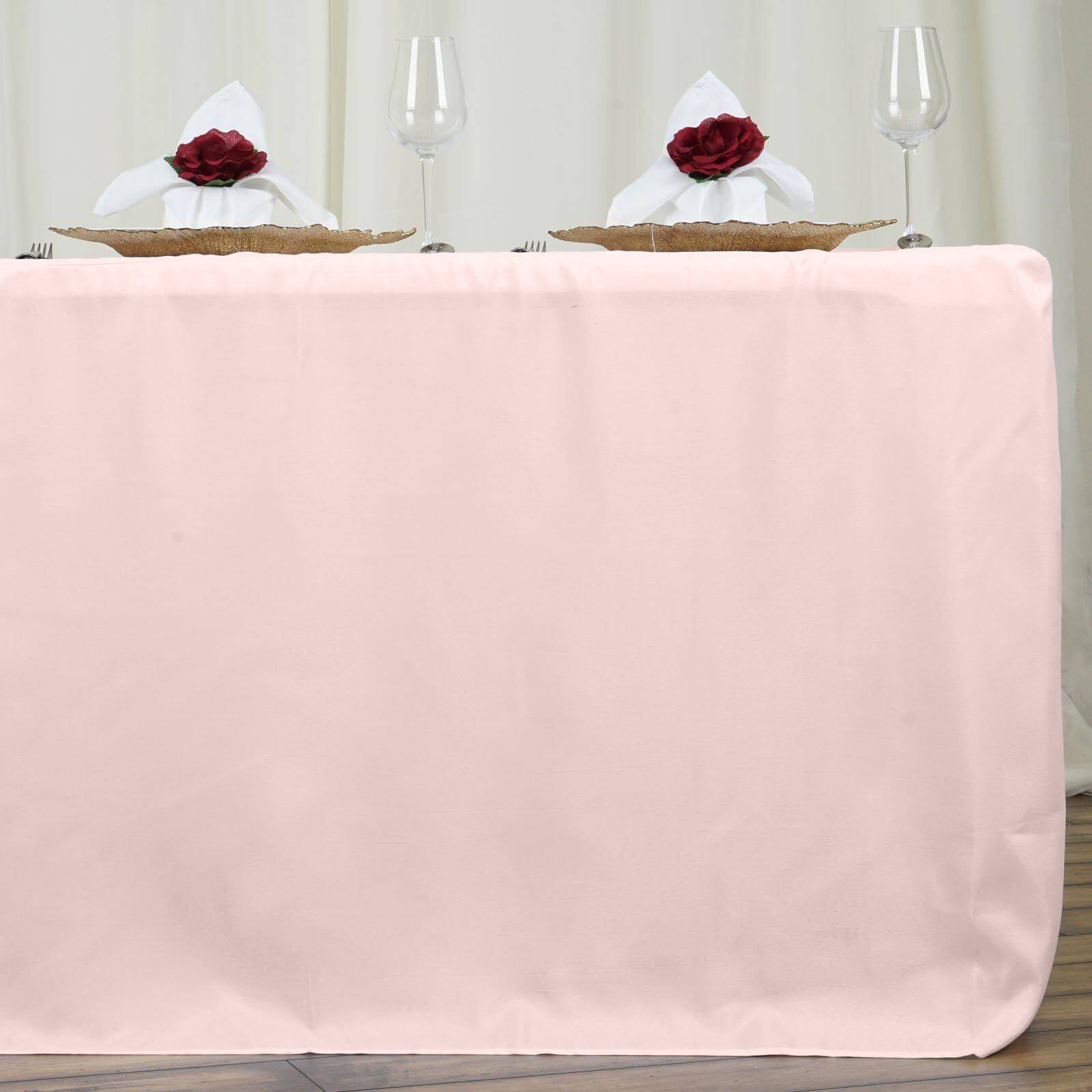 Blush fitted rectangle tablecloth for 8ft tables, elegant and soft in color.