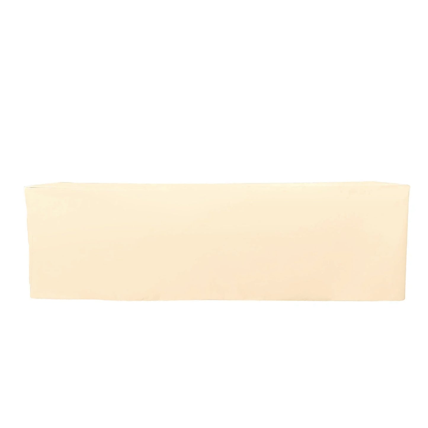Beige fitted polyester rectangle tablecloth for 8ft tables.