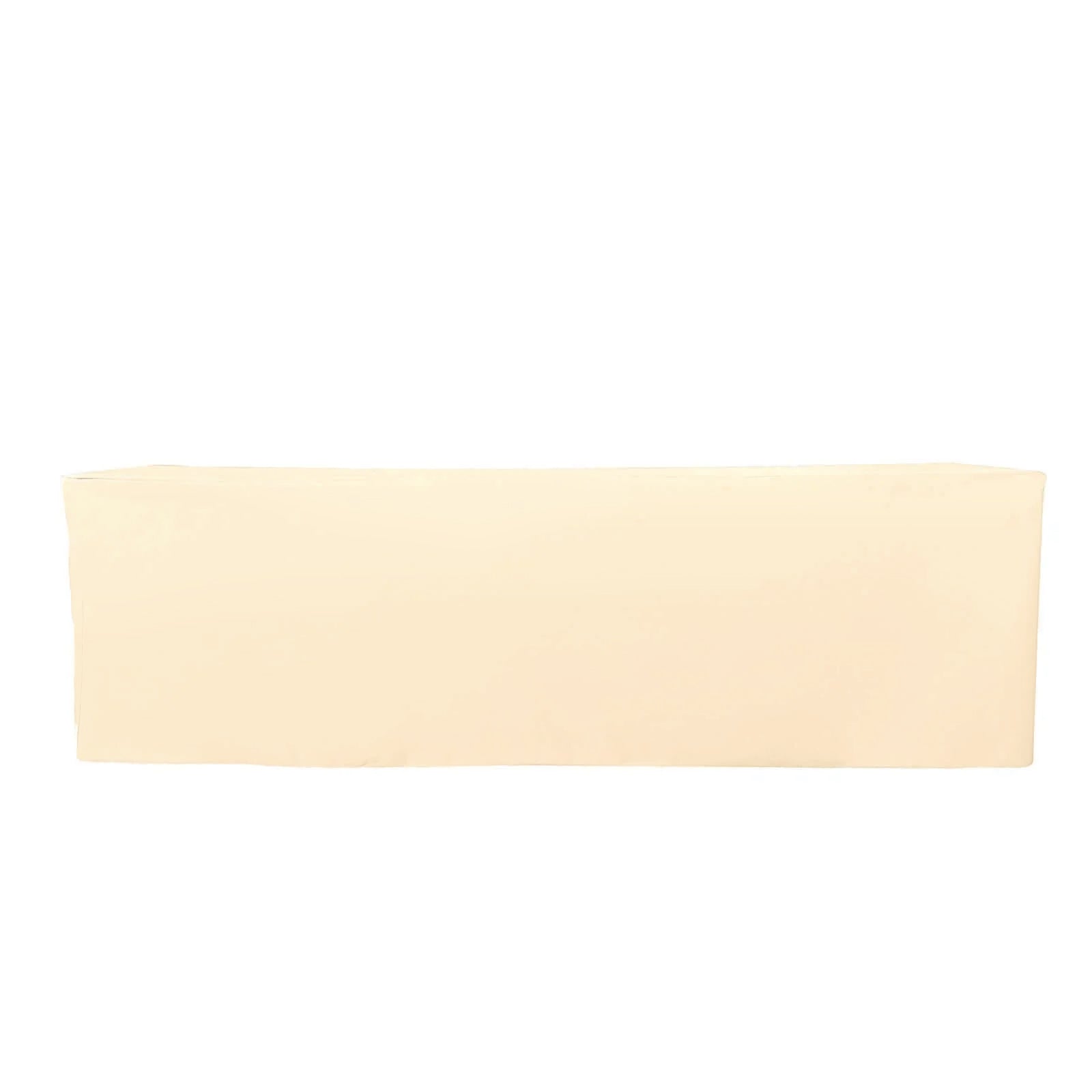 Beige fitted polyester rectangle tablecloth for 8ft tables.