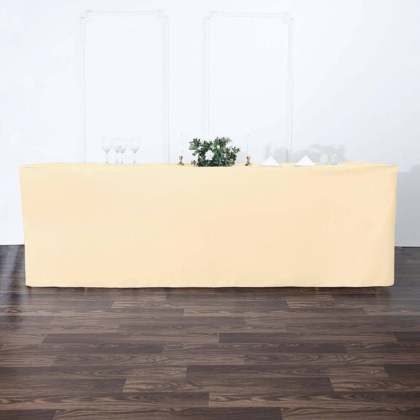 Beige fitted tablecloth for 8ft tables, ideal for events and gatherings.