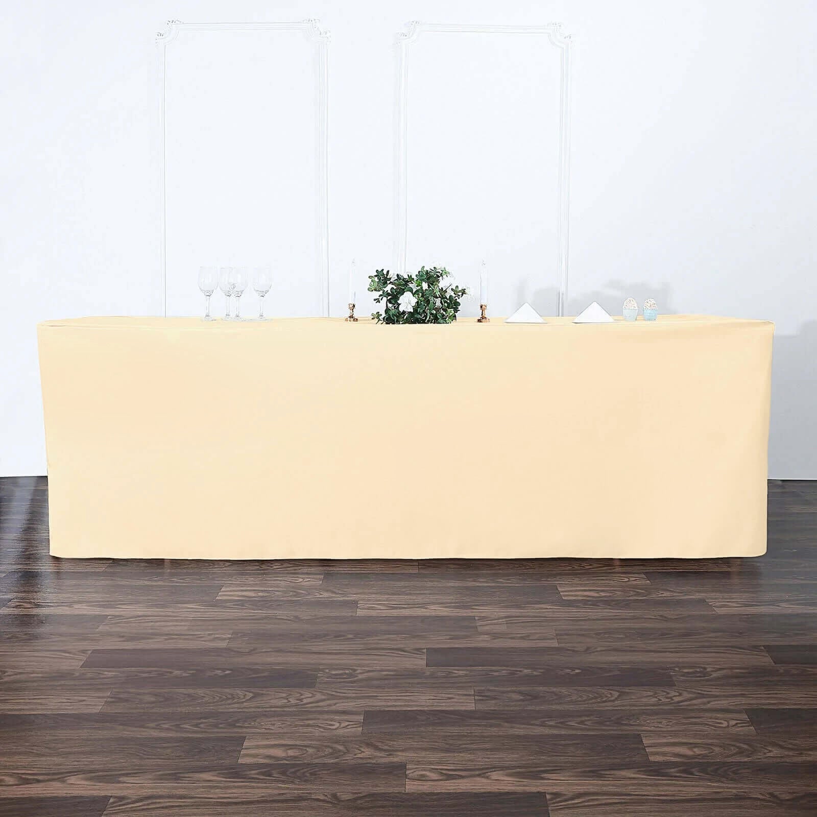 Beige fitted tablecloth for 8ft tables, ideal for events and gatherings.